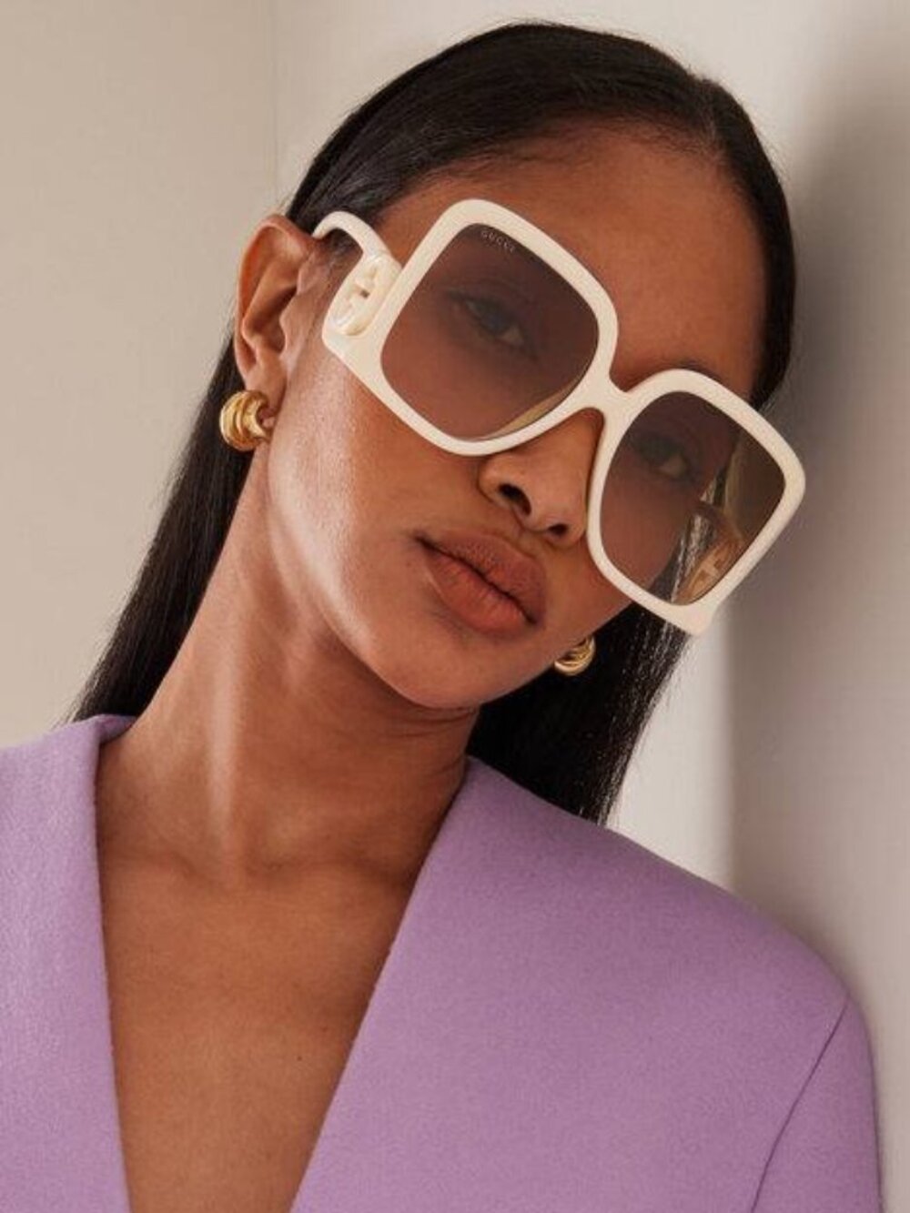 Gucci Women Sunglasses Ivory Brown Gradient Square Oversized GG1326S 002 NEW